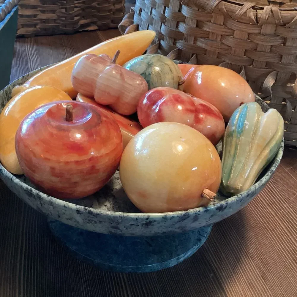 Spectacular Lot of 10Alabaster Stone Hand Carved Fruit And Marble Bowl.